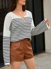 SHEIN Frenchy 條紋圖案缺口領落肩袖套頭毛衣