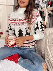 SHEIN Frenchy Christmas Elk & Geo Pattern Turtleneck Raglan Sleeve Sweater Winter Casual - Multicolor - View 1