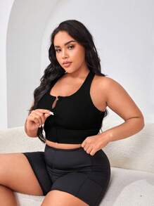 SHEIN Rhythm Era Plus Zip Up Crisscross Back Sports Bra - Black - View 3