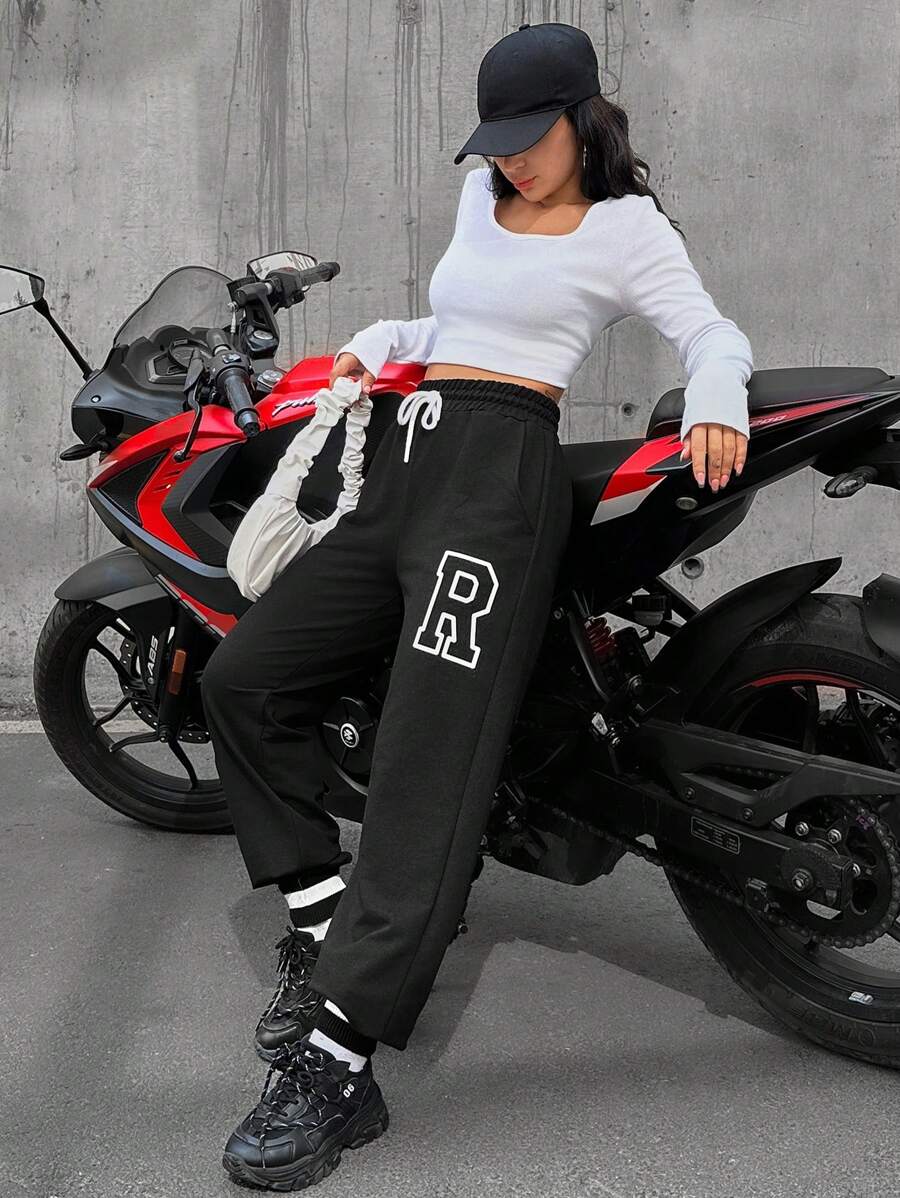 EURMUSE Letter Graphic Drawstring Waist Sweatpants - Black - View 1