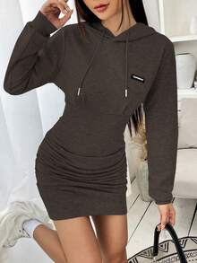 SHEIN EZwear Letter Patched Detail Drawstring Hooded Sweatshirt Dress - Purple - View 4