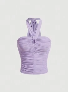 SHEIN MOD 素色褶邊掛脖上衣 - 紫色 - 查看 1