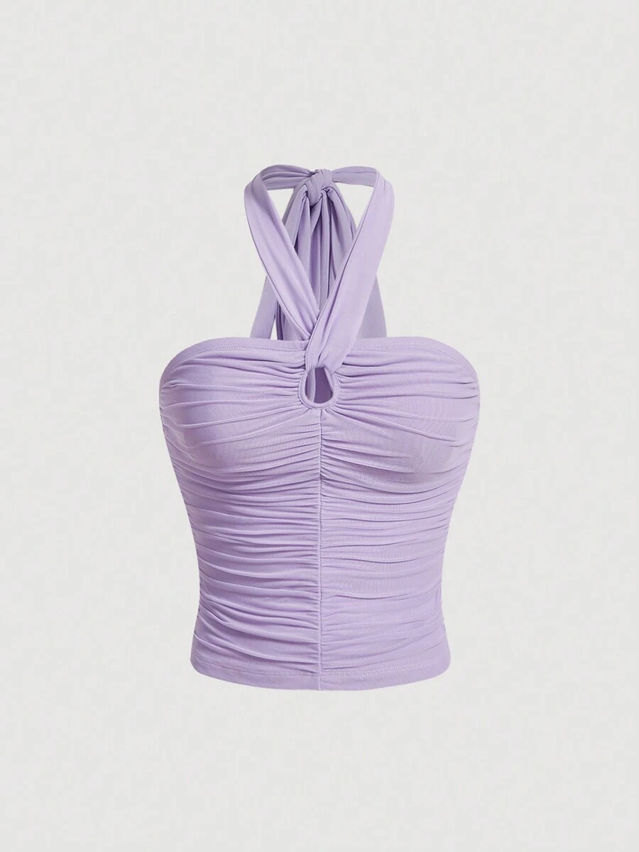 SHEIN MOD 素色褶邊掛脖上衣 - 紫色 - 查看 1