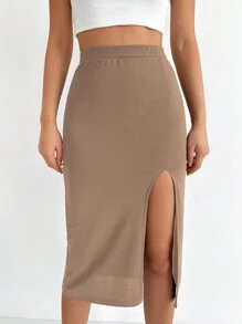 EURMUSE Solid Split Thigh Skirt - Apricot - View 3