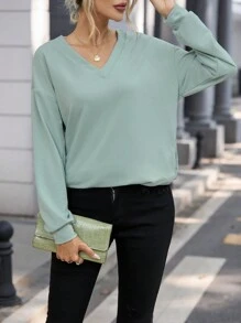 SHEIN LUNE Solid Drop Shoulder V Neck Sweatshirt - Green - View 5