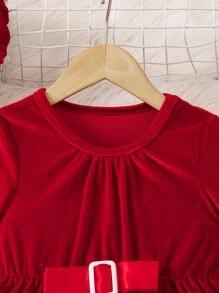 SHEIN Cô Gái Trẻ Viền tương phản Khóa Mặt trước Đầm Với mũ Đối với Giáng sinh - Đỏ - Xem 6