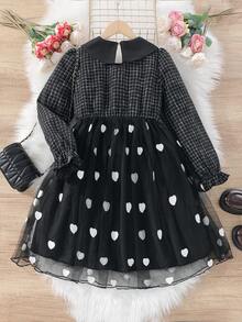 SHEIN Tween Girl Heart Print Flounce Sleeve Mesh Overlay Dress - Black - View 2