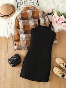 SHEIN Tween Girl Plaid Print Flap Detail Jacket & Dress