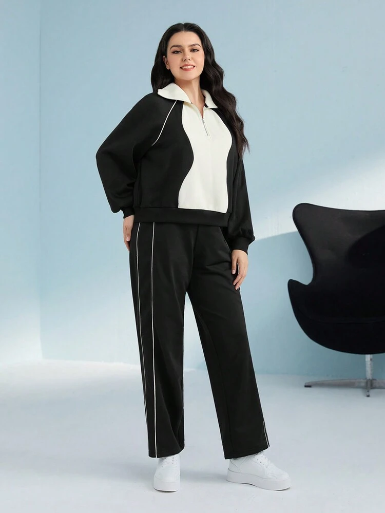 Plus Colorblock Half Zip Raglan Sleeve Sweatshirt & Pants 2 Piece Set