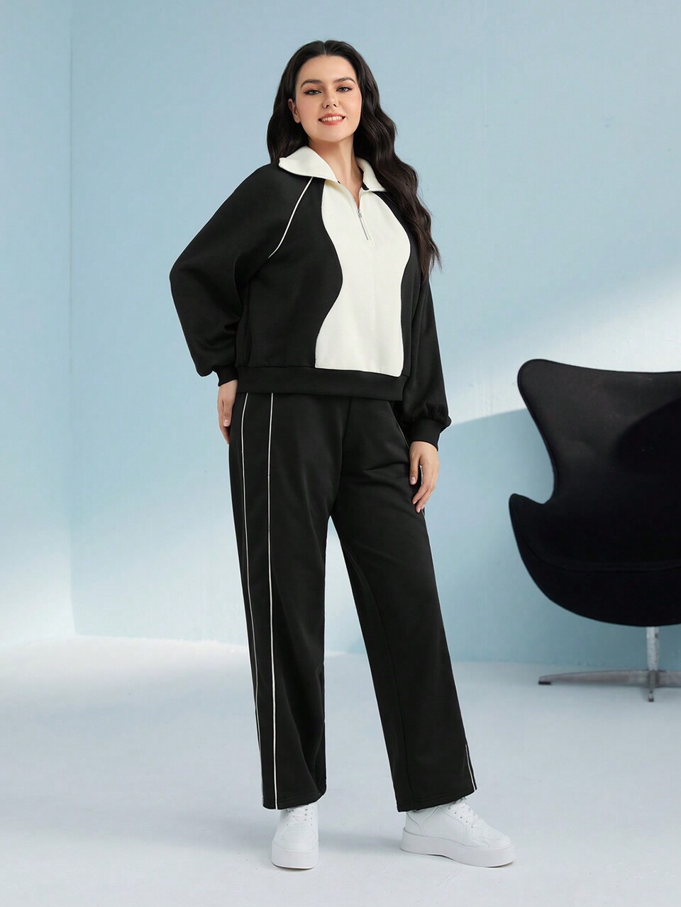 Plus Colorblock Half Zip Raglan Sleeve Sweatshirt & Pants 2 Piece Set