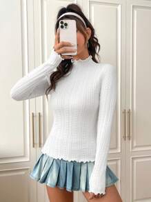SHEIN EZwear Mock Neck Lettuce Trim Sweater - White - View 1