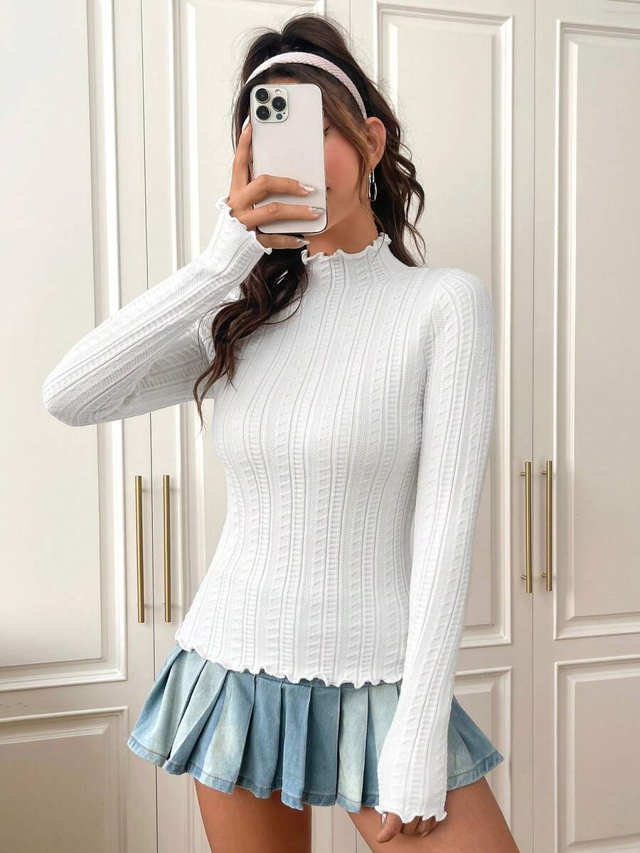 SHEIN EZwear Mock Neck Lettuce Trim Sweater - White - View 1