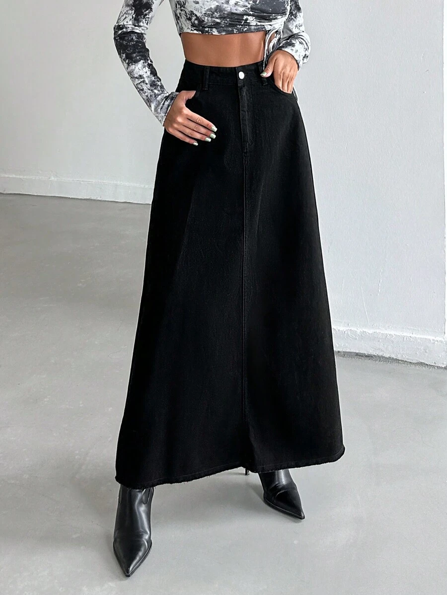 EURMUSE High Waist Slant Pocket Denim Skirt - Black - View 1