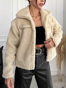 EURMUSE Flap Detail Teddy Jacket - Apricot - View 4