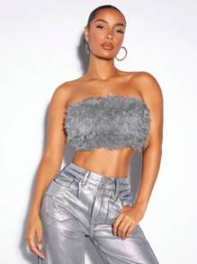 SHEIN BAE Solid Fuzzy Tube Top - Light Grey - View 3