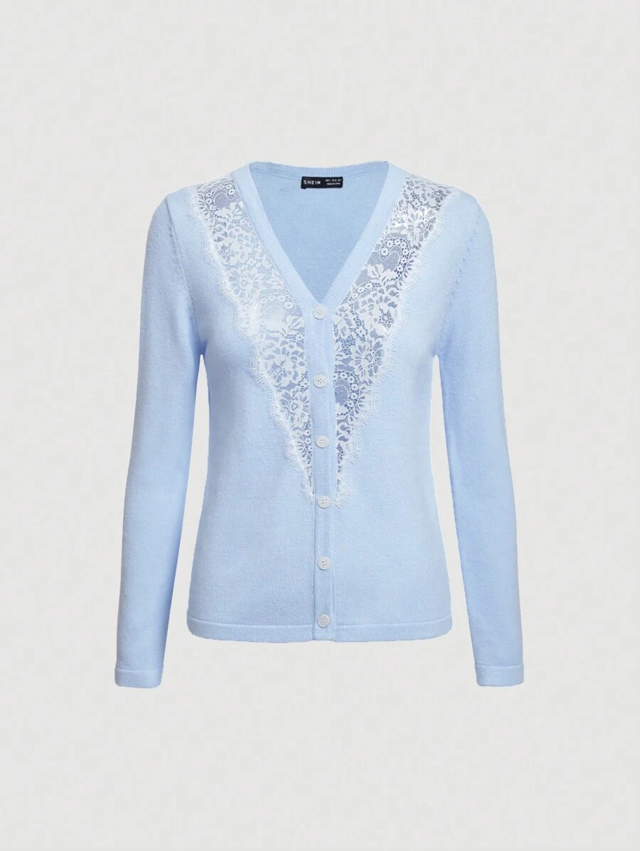 SHEIN MOD Contrast Lace Button Front Cardigan - Blue - View 1