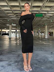 SHEIN SXY Oblique Shoulder Bodycon Women's Sweater Dress For Party - Black - View 5