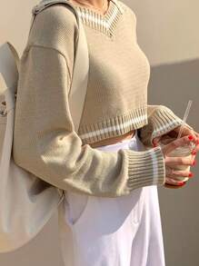 DAZY 条纹落肩短款毛衣、长袖上衣秋季 - 杏色 - 查看 8