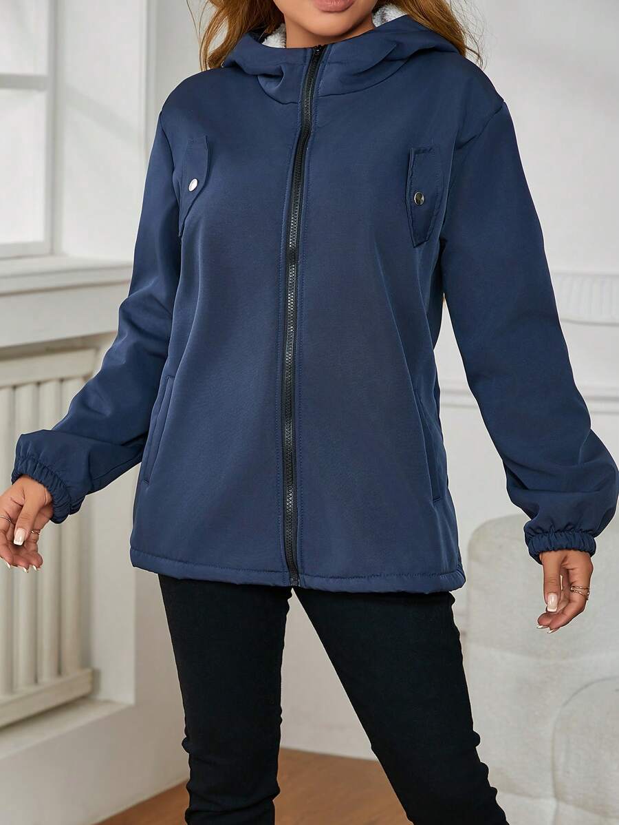 SHEIN Unity Dây kéo áo có mũ Lót Teddy áo - Màu xanh hải quân - Xem 1