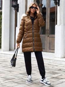 RueChic Women'S Hooded Padded Jacket With Collar - Brown - View 3