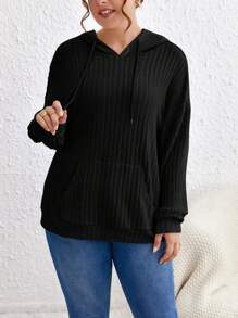 SHEIN Frenchy Áo nỉ cỡ lớn có túi kangaroo, vai rớt, dây rút. - màu đen - Xem 1