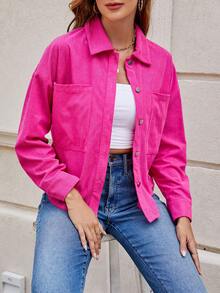 Drop Shoulder Pocket Patched Shirt - Hot Pink - View 3
