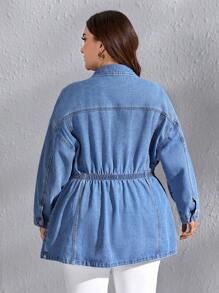 SHEIN Privé Hơn Thả vai Túi có nắp Áo khoác denim - Màu xanh lam - Xem 2