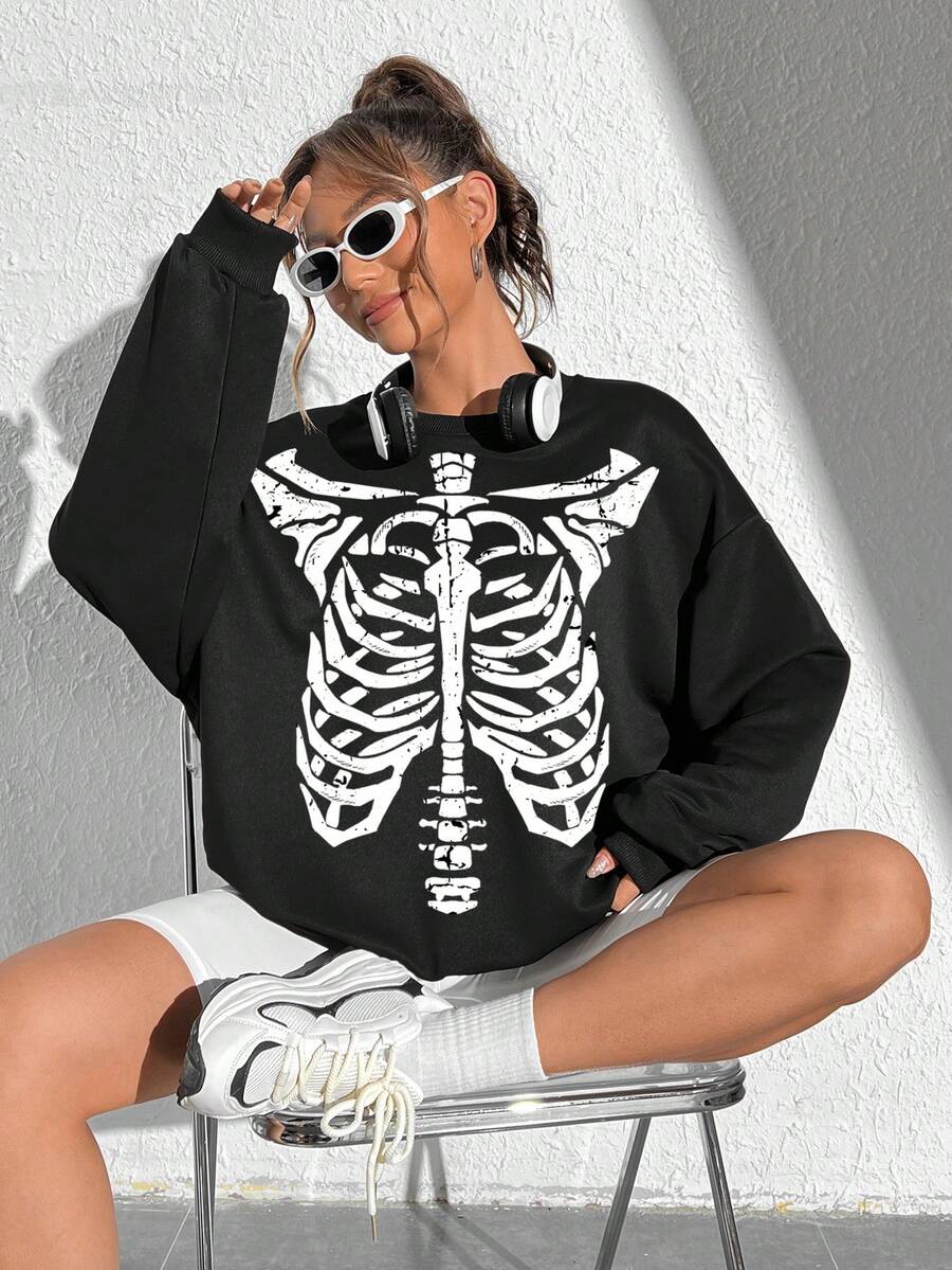 SHEIN EZwear In Bộ xương Thả vai Áo nỉ - màu đen - Xem 1