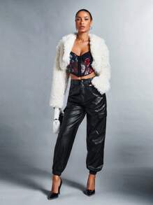 SHEIN BAE Cao eo chất liệu da PU Quần Chạy bộ - màu đen - Xem 3