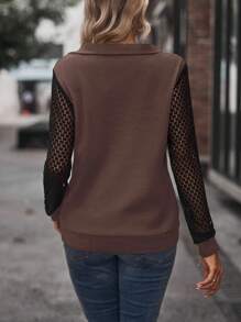 SHEIN LUNE Contrast Lace Sleeve V Neck Sweatshirt Pullover Fall Sweatshirt - Coffee Brown - View 2