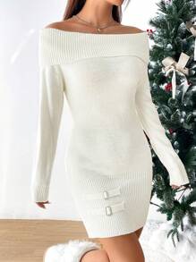 SHEIN EZwear 折邊一字肩帶扣細節毛衣洋裝 - 白色 - 查看 8