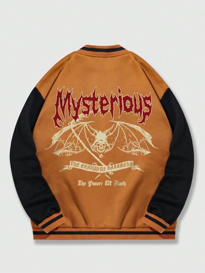 Goth Männer College Jacke mit Buchstabe & Schädel Grafik, Farbblock, Streifen