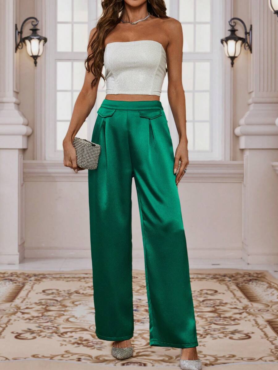 SHEIN Clasi High Waist Plicated Detail Wide Leg Pants - Green - View 1
