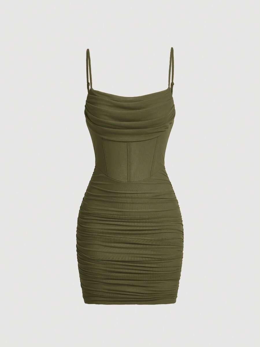 SHEIN x Marika Sila SHEIN MOD Solid Fish Bone Decoration Ruched Green Mesh Date Night Cami Dress - Army Green - View 1