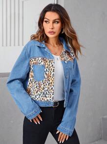 SHEIN LUNE Leopard Print Patched Pocket Denim Jacket - Medium Wash - View 3