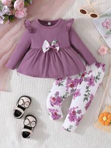 女嬰印花荷葉邊前蝴蝶結花邊下擺上衣和褲子 - 紫色 - 查看 1