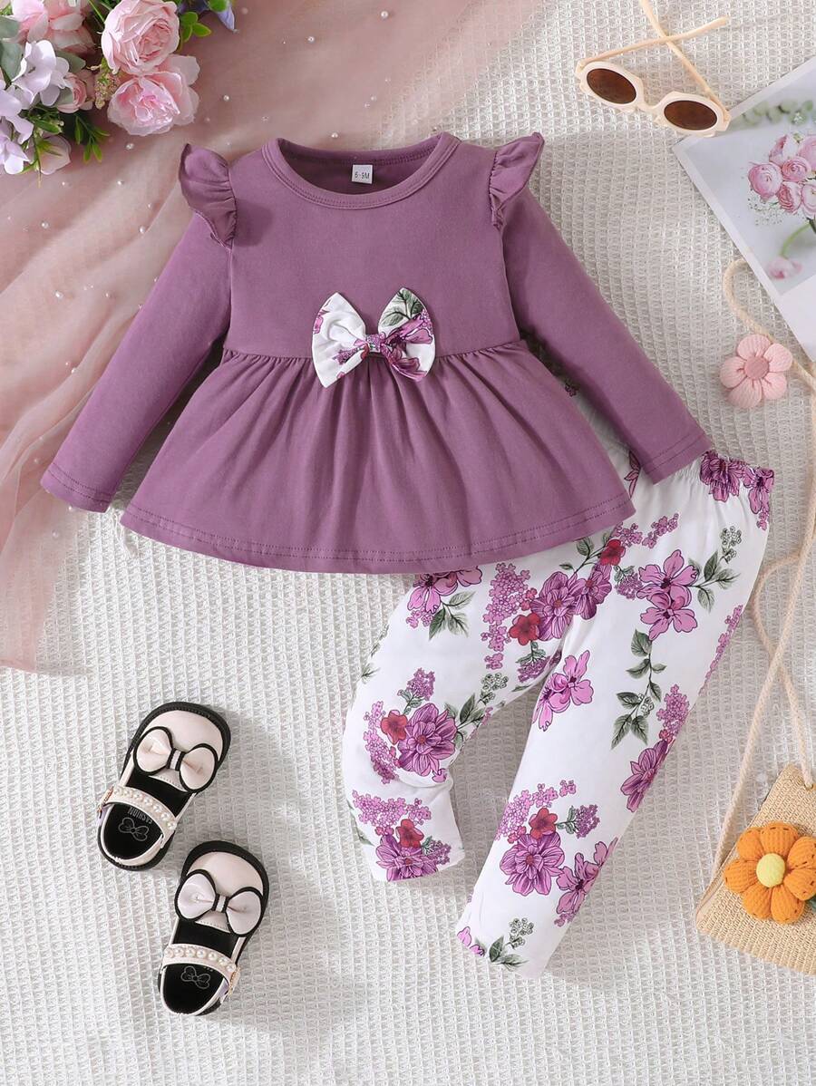 女嬰印花荷葉邊前蝴蝶結花邊下擺上衣和褲子 - 紫色 - 查看 1