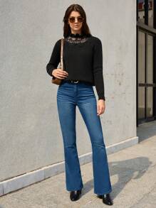 SHEIN Frenchy Ren tương phản Nếp uốn Cổ giả Áo len - màu đen - Xem 6