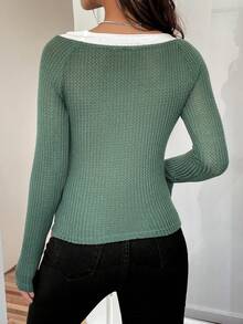 SHEIN EZwear 撞色滾邊插肩袖T恤 - 綠色 - 查看 2