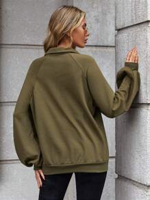 SHEIN LUNE Half Button Raglan Sleeve Sweatshirt - Army Green - View 3