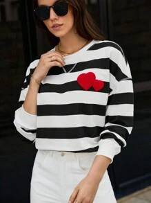 SHEIN Frenchy Women's Heart Patch Design Two-tone Striped Drop Shoulder Sweatshirt - Black and White - View 1