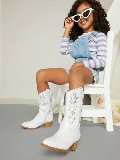 Mini mi 女孩鑽石裝飾厚跟西部靴牛仔靴