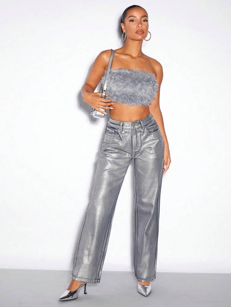 Metallic Coating Ladies' Denim Jeans, Western Wear New Year's Eve Silver Pants