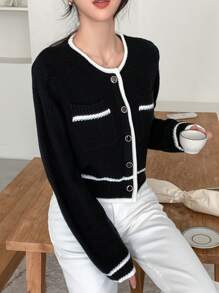 DAZY Viền tương phản Nút phía trước Áo len Mở - màu đen - Xem 1