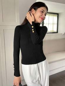SHEIN Unity Chất rắn Chi tiết Nút Áo len Không có khăn - màu đen - Xem 5