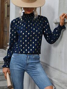 SHEIN Essnce 燙金荷葉袖褶邊襯衫 - 藍色 - 查看 5