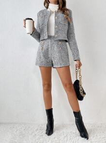 SHEIN Frenchy 格紋印花前紐扣夾克&短褲 - 灰色 - 查看 4