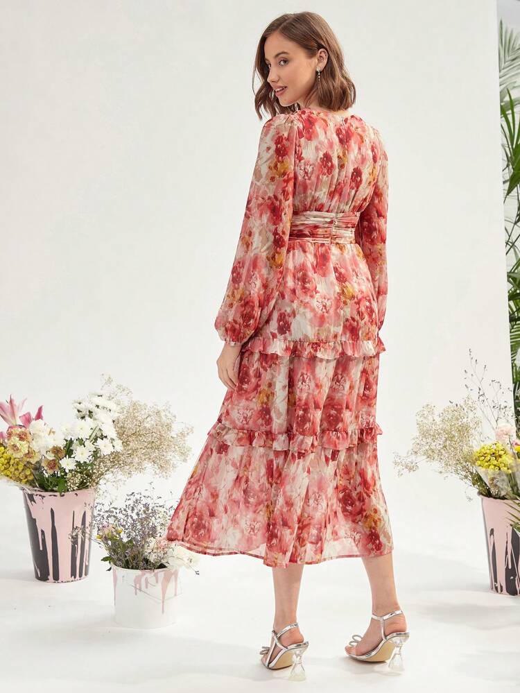 Women Deep V-Neck Lantern Sleeve Dress With Ruffle Hem, Cinching Waist, Perfect For Vacation