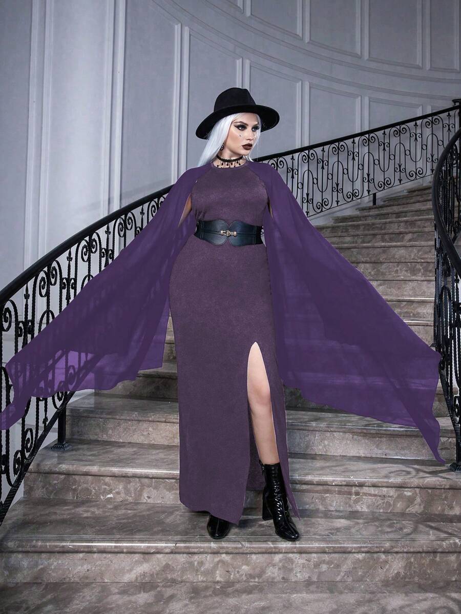 Calvaya Hơn Chất rắn Tách đùi Đầm Không có thắt lưng - Màu tím - Xem 1