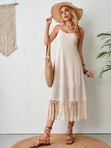 SHEIN VCAY Fringe Hem Váy Dây - Màu be - Xem 5